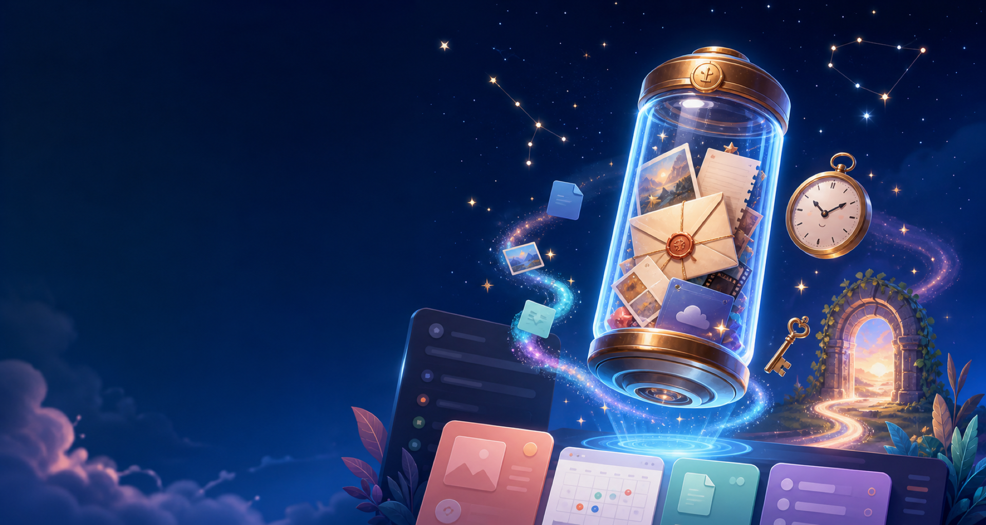 A luminous capsule filled with messages, photographs, media, and files beside a pocket watch