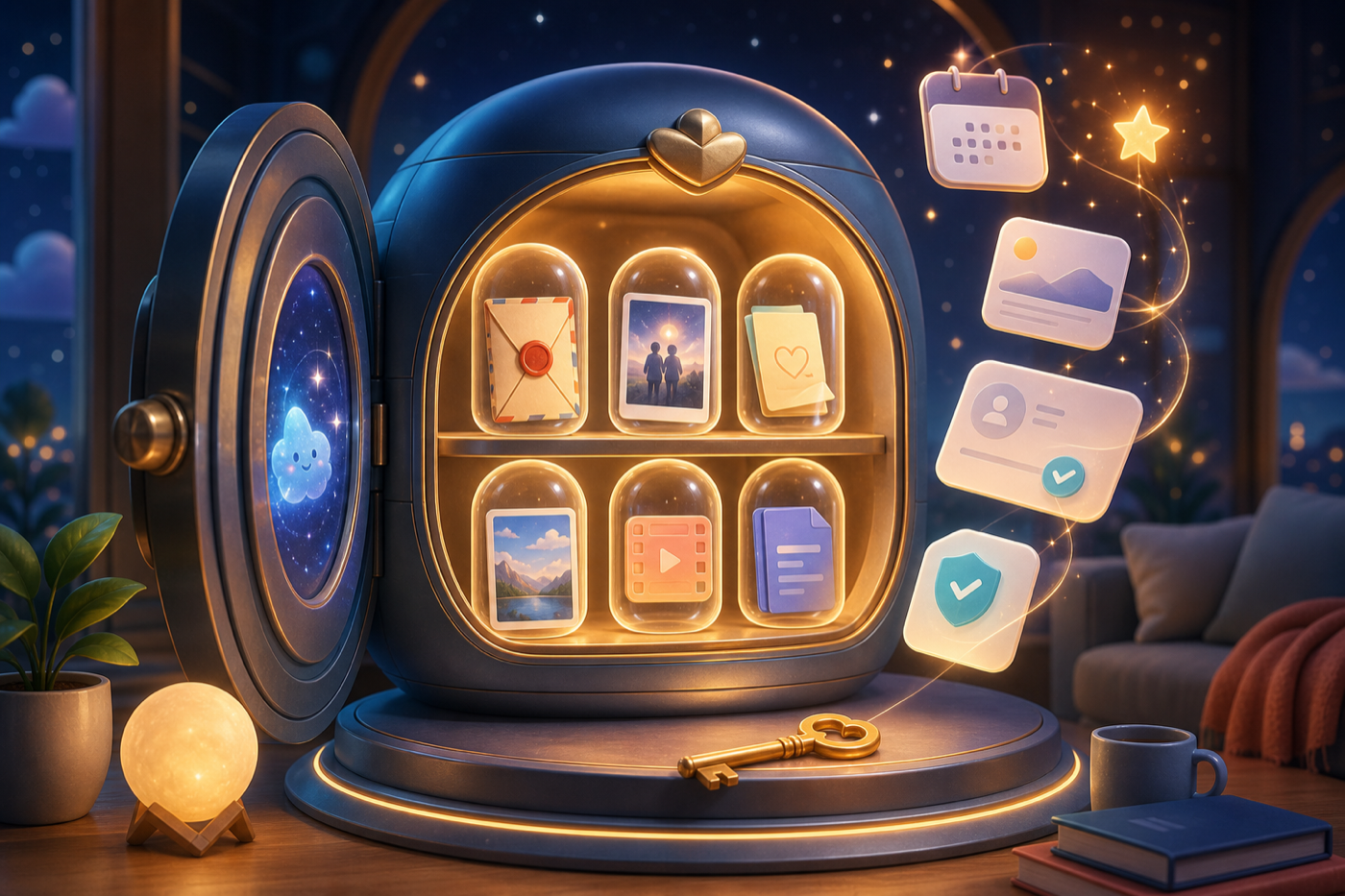 A glowing Time Capsule vault holding letters, photographs, files, and a calendar